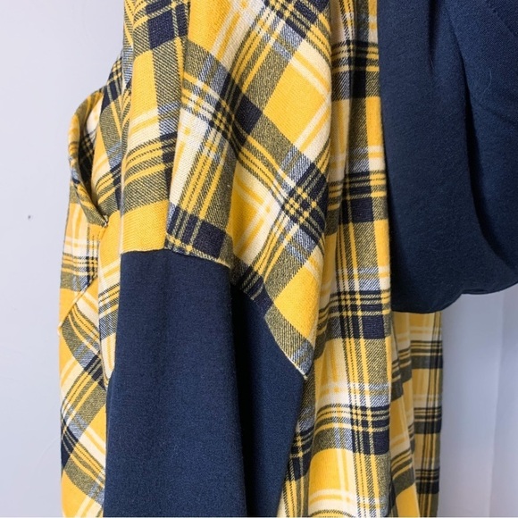 Mik Mesh Plaid Button Down Faux Sherpa Hoodie in Yellow Navy Blue Size 3XL - Picture 5 of 16